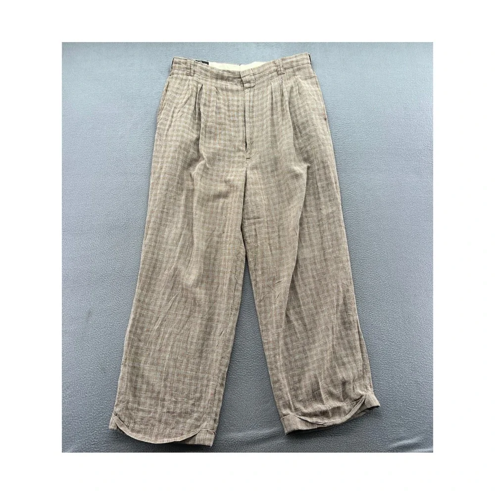 VTG Smokey Joes Pants Mens 34x28 Brown Houndstooth Pleated Cuffed Wide Leg
